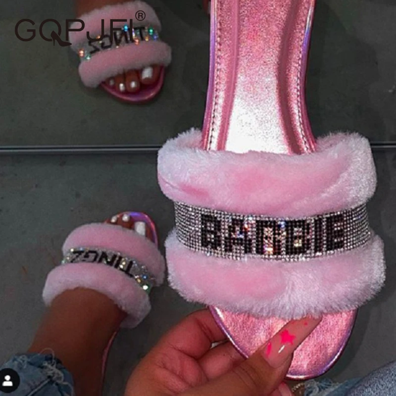 

Home Fashion Wild Wool Slippers Winter Diamond Warm Sandals Women Flip Flops Flat Indoor Slippers Outdoor Shoes Casual Slippers