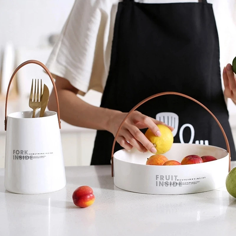 

Ceramic Drainer Rack Chopsticks Tube Spoon Fork Cutlery Storage Holder with Leather Handle Kitchen Utensils Organizer Container