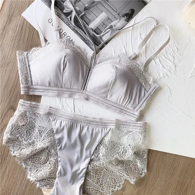 women lace sexy bra set intimates hollow out half cup lingerie thin cotton cup temptation panty briefs silk wire free underwear - Цвет: Серебристый