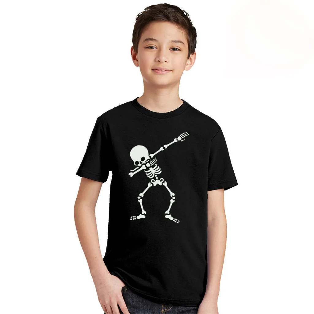 Black Футболка; Camiseta; детская одежда для мальчиков и девочек; забавная повседневная одежда для детей с короткими рукавами, с изображением черепа, флуоресцентного цвета - Цвет: Black