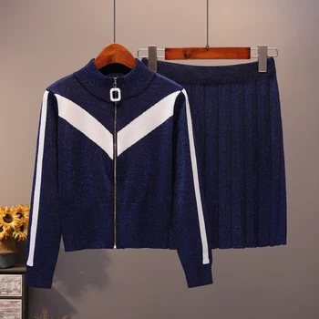 

HAMALIEL Autumn Knitted 2 Piece Set Women Fashion Bright Silk Striped Zip Sweater Jacket And Tranksuits Pleated Mini Skirt Set