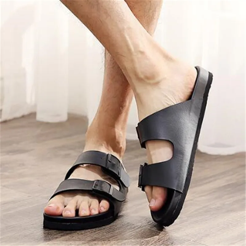 

2020 Fashion Men Beach Outside Slippers Summer Lovers Double Buckle Non-slip EVA Sole Leather Water Slide Shoes Plus 35-45 Black