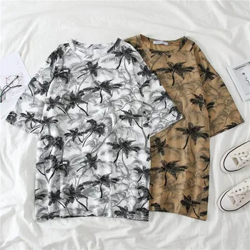 

Fashion Coconut Tree Print T-shirt Harajuku Women O-Neck Short Sleeve Long T shirt Loose Versatile Tops