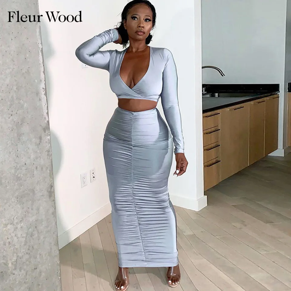 

FLEUR WOOD Two Piece Set Women Short Tops and Long Skirt Draped Fahion Sexy Deep V-Neck Long Sleeve Ankle-Length Women Clothes