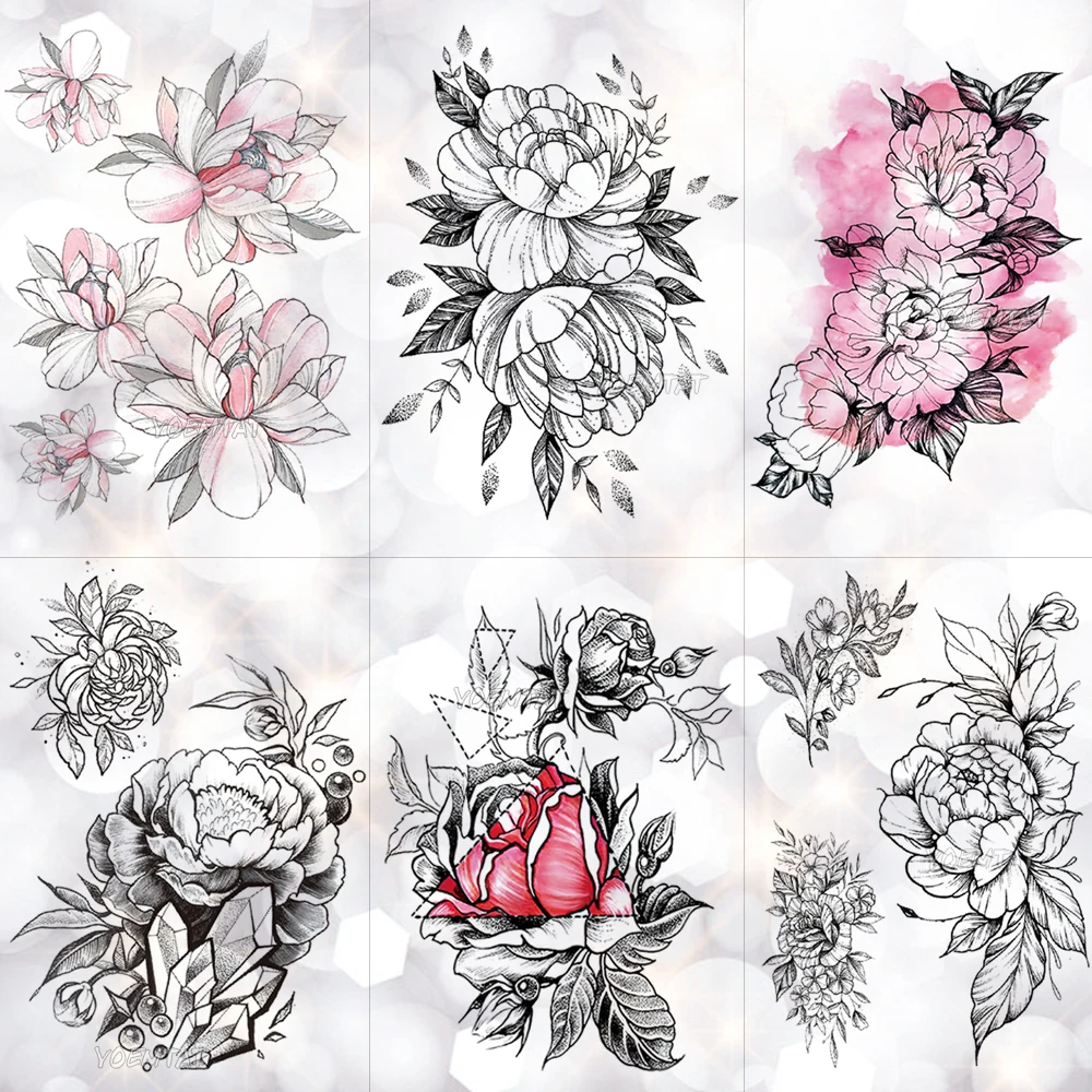 Sketch Flower Blossom Peony Rose Waterproof Temporary Tattoo Sticker Black Tattoos Body Art Arm Hand Girl Women Fake Tatoo | Красота и