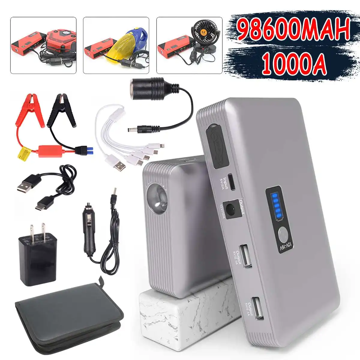  3 Color High-Power 98600mAh 12V Car Jump-Starter Portable Type-C USB Emergency-Power Bank Battery B