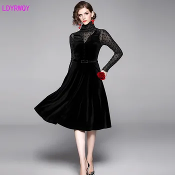 

2019 autumn and winter new European and American women's fashion high collar long sleeve stitching velvet A word dress