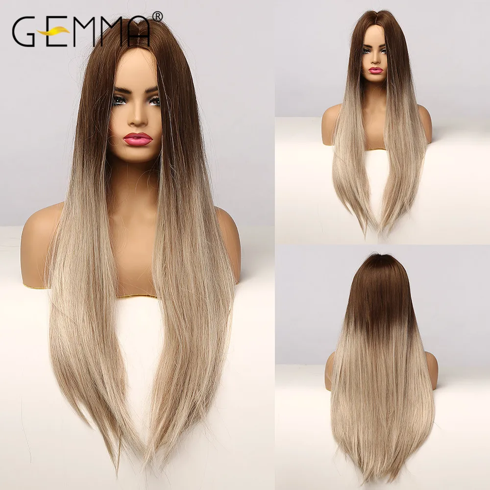 GEMMA Омбре Коричневый Золотой светлый длинный прямой парик с боковой челкой