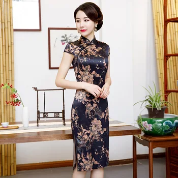 

Vintage Short Ladies Printed Chinese Traditional Slim Qipao Classic Mandarin Collar Stage Show Elegant Female Cheongsam M-4XL