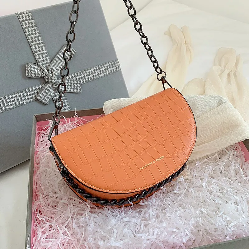 

Mododiino Stone Pattern Saddle Bag Luxury Women Bags Chains Shoulder Bag Leather Crossbody Bags Mini Handbag Messenger DNV1408