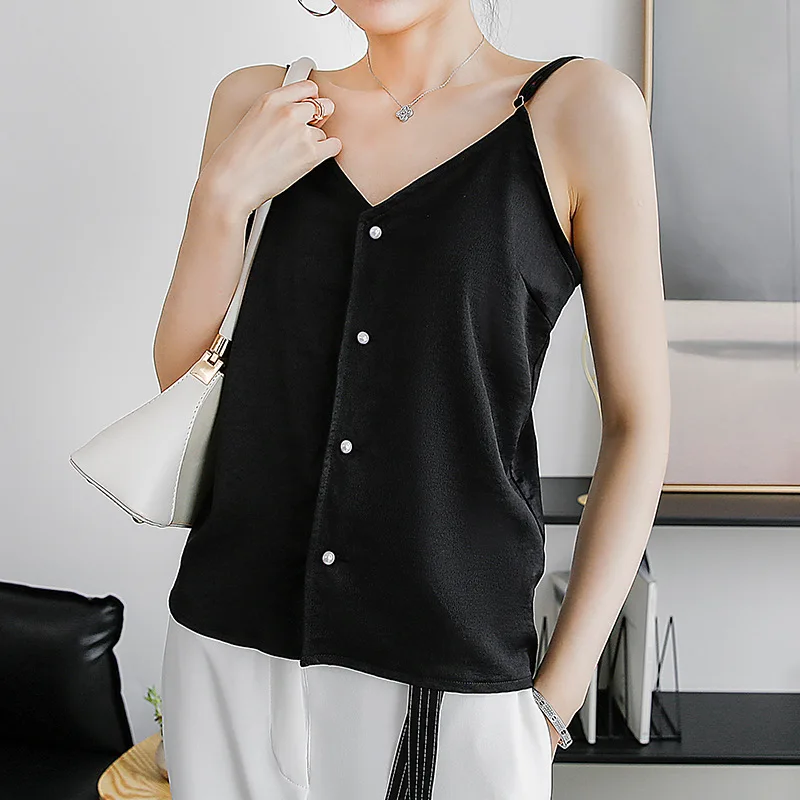 Lustrous Sexy Personality Slim Strap V-Neck Easy Wear Top-Grade Vest 2020 Summer Imitation Acetic Acid Fabric