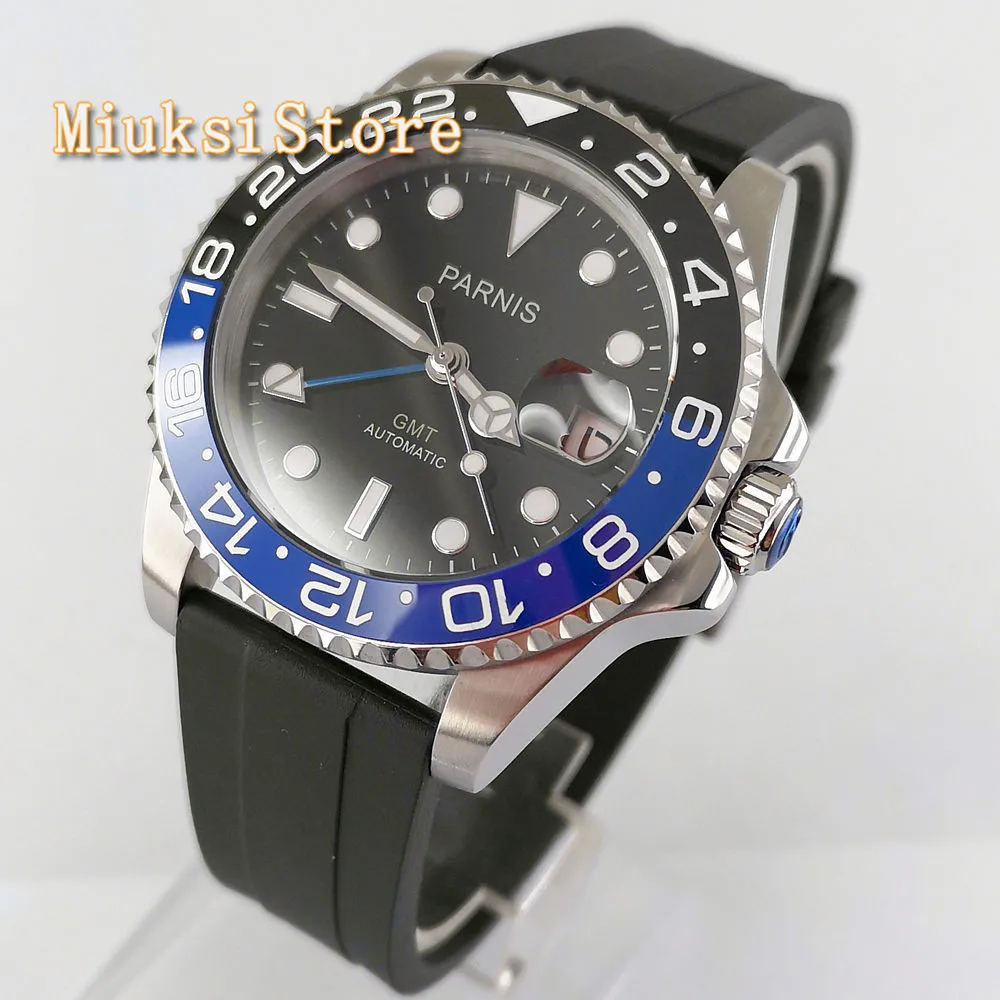 

40mm PARNIS Black dial blue GMT Sapphire Date Automatic movement waterproof Watch men's mechanical watch gift 2764