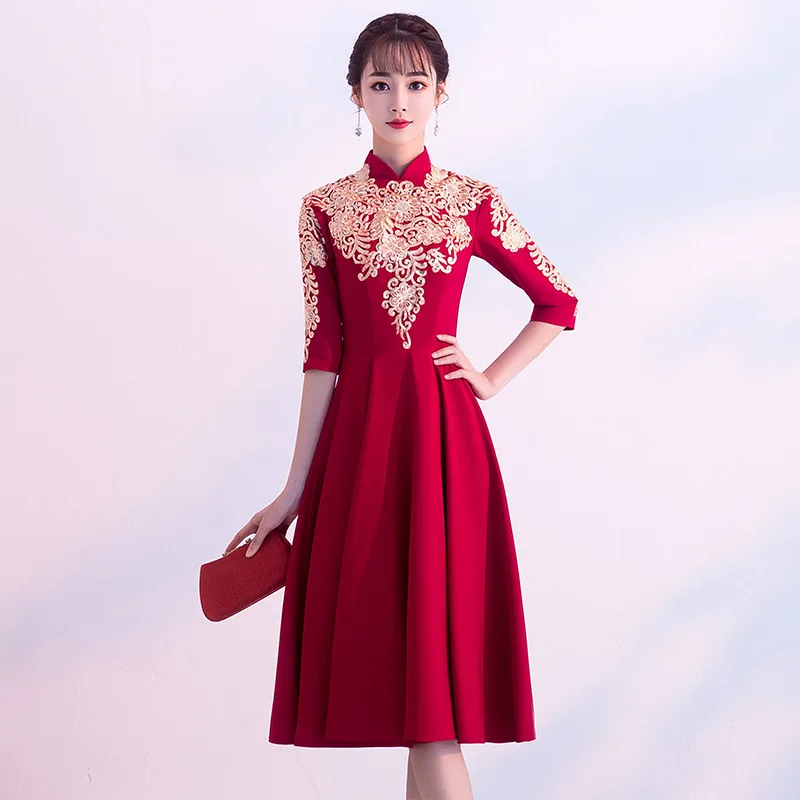 Бургундские вечерние женские платья Cheongsam в китайском стиле, элегантные длинные платья с воротником-стойкой, Vestido XS-XXXL