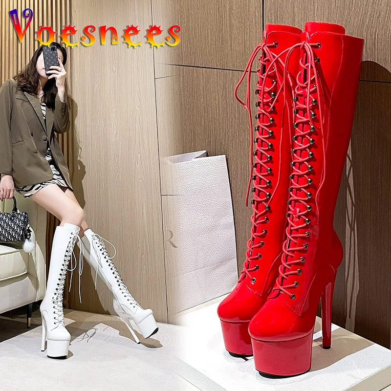 Dames Ronde Neus Platform Mid-kuit Laarzen met 20cm Stiletto - Grote Maten Hoge Laarzen met Veters voor Nachtclub, Podium Optredens,Grijs,36 EU