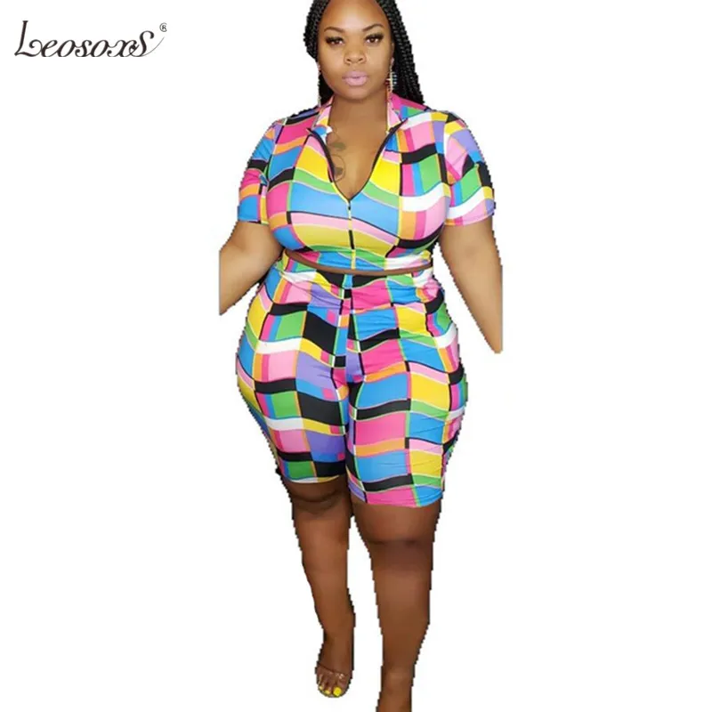 

Plus Size Summer Women Two Piece Outfits Short Sleeve Shirt And Shorts Zip V Neck Sexy 2 Piece Set Wholesale Drop Shipping
