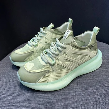 

Women Chunky Platform Sneakers Mesh Designers Fashion Lacing Beige Casual Shoes Woman Green Vulcanized Shoes Basket Female 2020