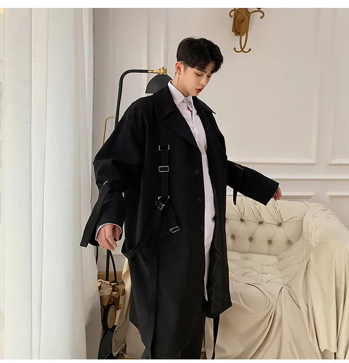 Для мужчин High Street панк хип хоп ленты Свободный Длинный плащ пальто весна осень мужской уличная мода ветровка куртка