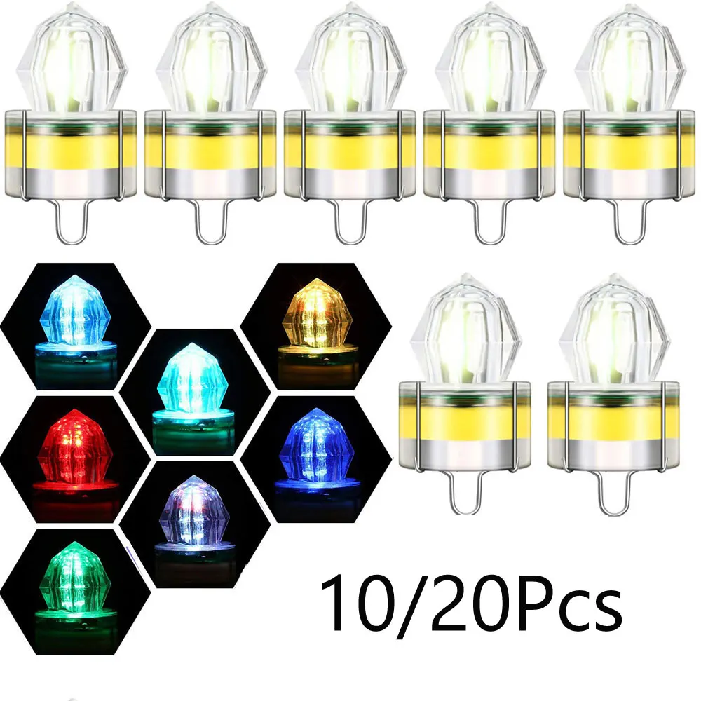 10/20Pcs Waterproof LED Mini ABS Fishing Bait Light Squid Deep Drop Underwater Fish Lure Lamp Lights White Green Colorful Light underwater dock lights