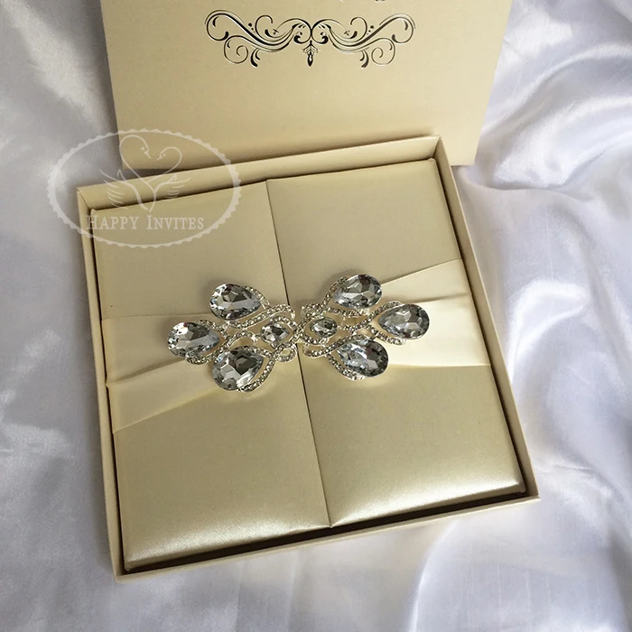 HI2003-142  Custom Silk Folder Invitation in Champagne Color with Silver Rhinestone Buckle More Colors Available