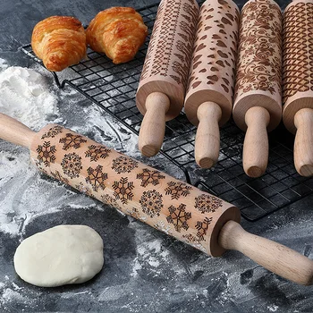 

Christmas Snowflake Musical Notes Tree Pattern Embossing Fondant Rolling Pin Baking Cookie Biscuit Cake Dough Engraved Roller
