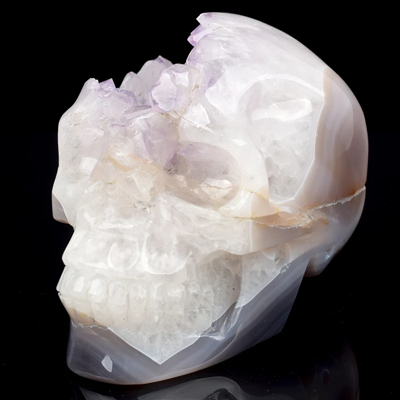

5.3'' Natural Agate Geode Carved Skull With Purple Crystalline Substance Healing Crystal Statue Craft Figurine Collection