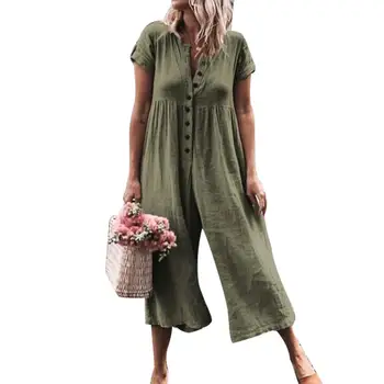 

Plus Size Women Plain Short Sleeve Single Breasted Baggy Harem Jumpsuit Romper