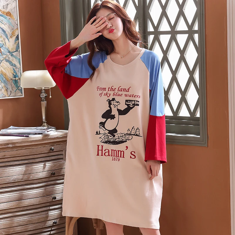Kawaii женская ночная рубашка из хлопка с длинными рукавами, ночная рубашка для студенток, модная цветная женская ночная сорочка, одежда для сна, большие размеры - Цвет: U6102