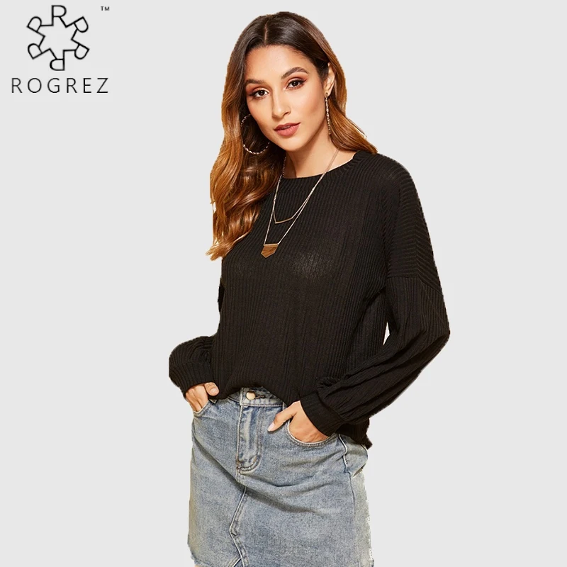 

ROGREZ Autumn Winter Black White Lantern Long Sleeve Tops For Women O Neck Striped Sweaters Casual Knitted Cotton Pullovers