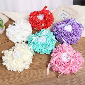 

Wedding Decorations Decor Heart-shape Rose Flowers Valentine's Day Gift Ring Bearer Pillow Cushion Pin Cushion Ring Party Decor