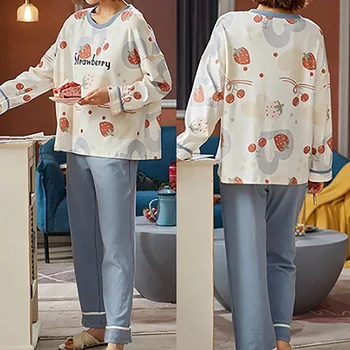 

Pajamas Set Two Pieces Suit Elastic Waist Pants Lady Girl Homewear Soft T-shirt Print Long Sleeve Round Neck Top Loose Women