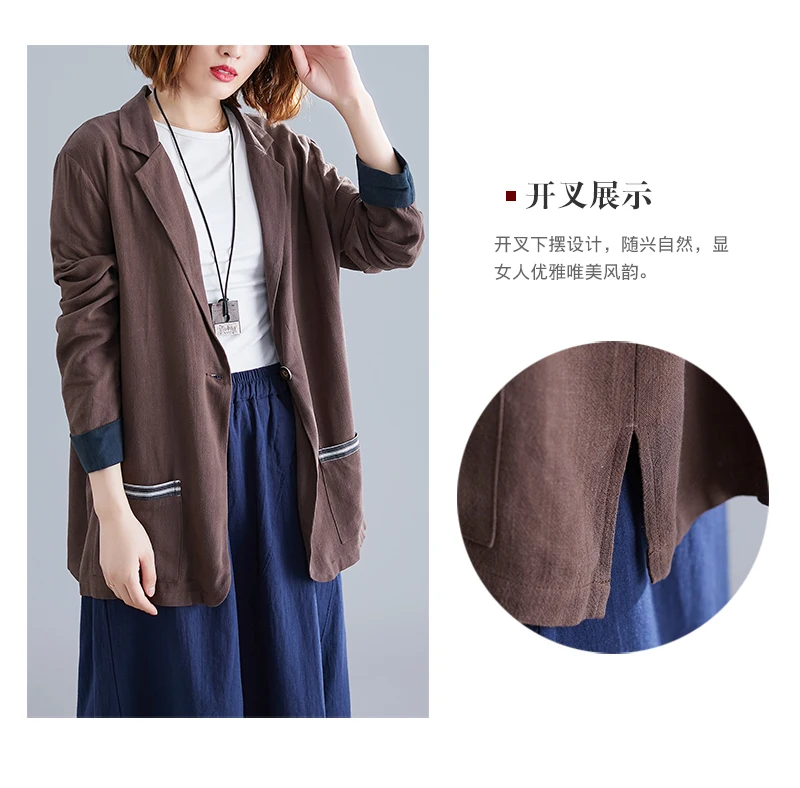 Flax Suit Jacket Women's Spring And Autumn New Style Artistic Large Size Mid-length Casual Retro Slimming Cotton Linen Tops