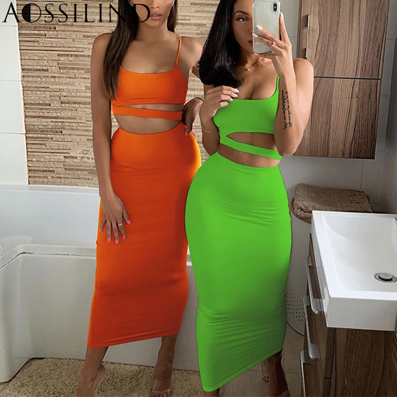 

AOSSILIND Spaghetti Strap 2 Two Piece Set Bodycon Dress Women Sleeveless Hollow Out Sexy Long Dress Backless Club Party Dresses