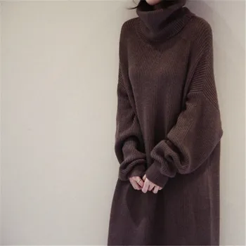 

autumn winter plus size turtleneck sweater dress warm thicken long sleeve loose knitted dresses long pullovers solid P525