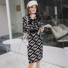 Осень и зима стиль корейский стиль элегантный v-образный вырез рукав летучая мышь Талия обнимает вязаный модный жаккардовый свитер платье-футляр