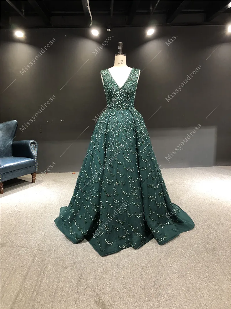 вечерние платья 100%Real Sample Dark Green Heavy Beads Sleeveless Deep V-neck Floor Length Prom Party Evening Gown Dresses black evening dresses