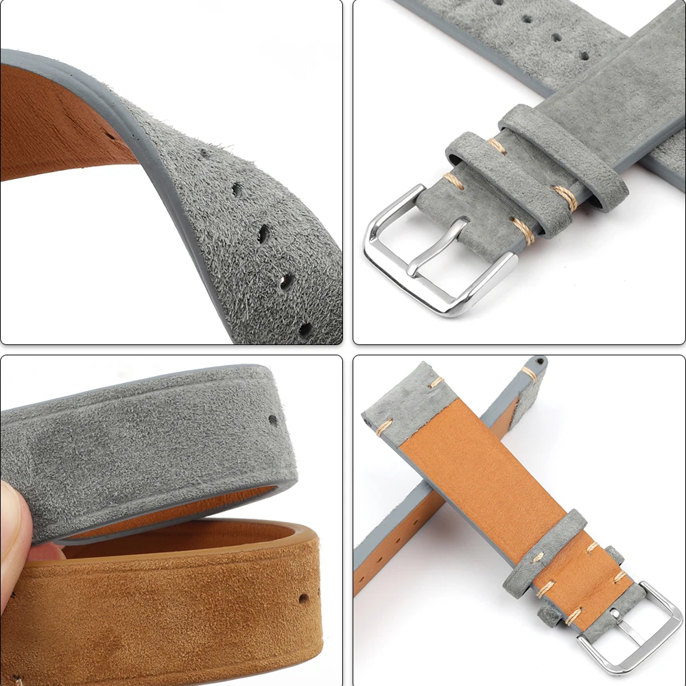 Onthelevel Genuine Suede Watch Strap Brown Gray Soft Handmade Wristband 18mm 20mm 22mm Watch Accessories #E