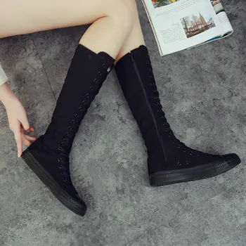 

High-Top Long Tube Casual Canvas Shoes rubber sole Autumn Fashion Side Zipper Lace-Up 34-43 Women's Boots