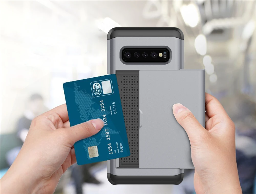 For Samsung Galaxy S10 Plus Lite S9 S8 NOTE 10 9 8 S7 Edge Case Hybrid Hard Back Cover with Slide Credit Card Pocket |