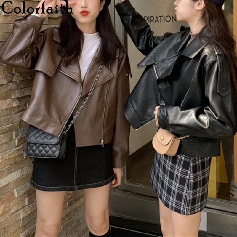 Colorfaith New 2021 Spring Winter Women's Leather Jackets Outerwear