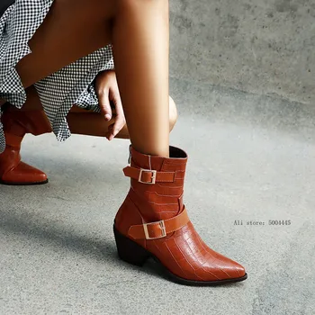 

Plus Size Chunky Heels Crocodile Plaid Booties Brown Black Winter Womens Shoes Buckle Strap Fashion Western Ankle Boots