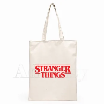 

Stranger Things Print Reusable Shopping Bag Women Canvas Tote Bags Printing Eco Bag Cartoon Shopper Shoulder Bags