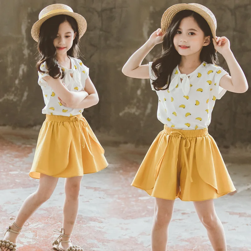 

Childrenswear 2019 Girls Korean-style Summer Banana T-shirt Culottes Both Sets of Children Printed Bow Set