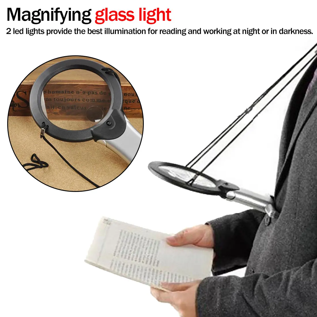 6 LED Large Full Page Hands Free Magnifying Glass Sheet Magnifier Neck Cord 