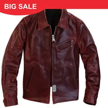 

2020 Wine Red American Casual Style 1930s Biker's Leather Jacket Plus Size XXXL Genuine Cowhide Autumn Slim Fit Retro Coat