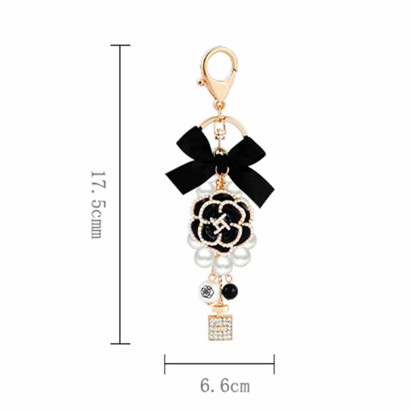 2021 Luxury Black Camellia Flower Bow Keychain Rhinestone Lock Umbrella Pendant Car Key Chain  Pendant For Bag