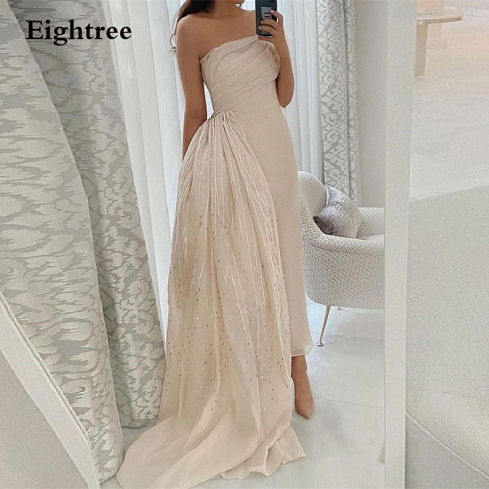 Shiny Light Champagne Long Evening Dresses Strapless Sleeveless Simple Chiffon Prom Party Dress Formal Gowns Vestidos de festa petite formal dresses & gowns