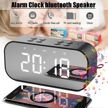 

Bluetooth Speaker with FM Radio LED Mirror Alarm Clock Subwoofer Music Player Snooze Desktop Clock Wireless