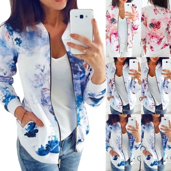 

2020 Floral Printed Summer Women's Jackets Plus Size Short Female Coat Zipper Chaqueta Long Sleeve Women Bomber Jacket