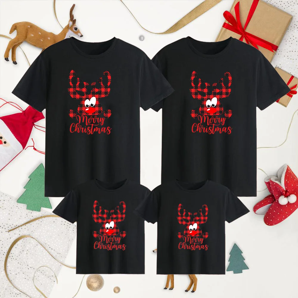 Conjuntos navideños a juego con renos y cuadros de búfalo, camiseta navideña para padre, madre e hijos, ropa familiar navideña