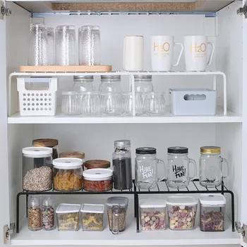 

Retractable Kitchen Storage Rack Metal Cupboard Storage Shelf Space Saving Non-Skid Dish Pot Spice Rack Single Layer Organizer